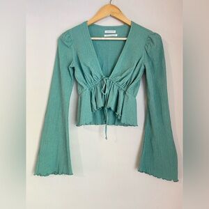 Urban Outfitters Women's Green Blouse Long Sleeve Tie Front Top V-neck